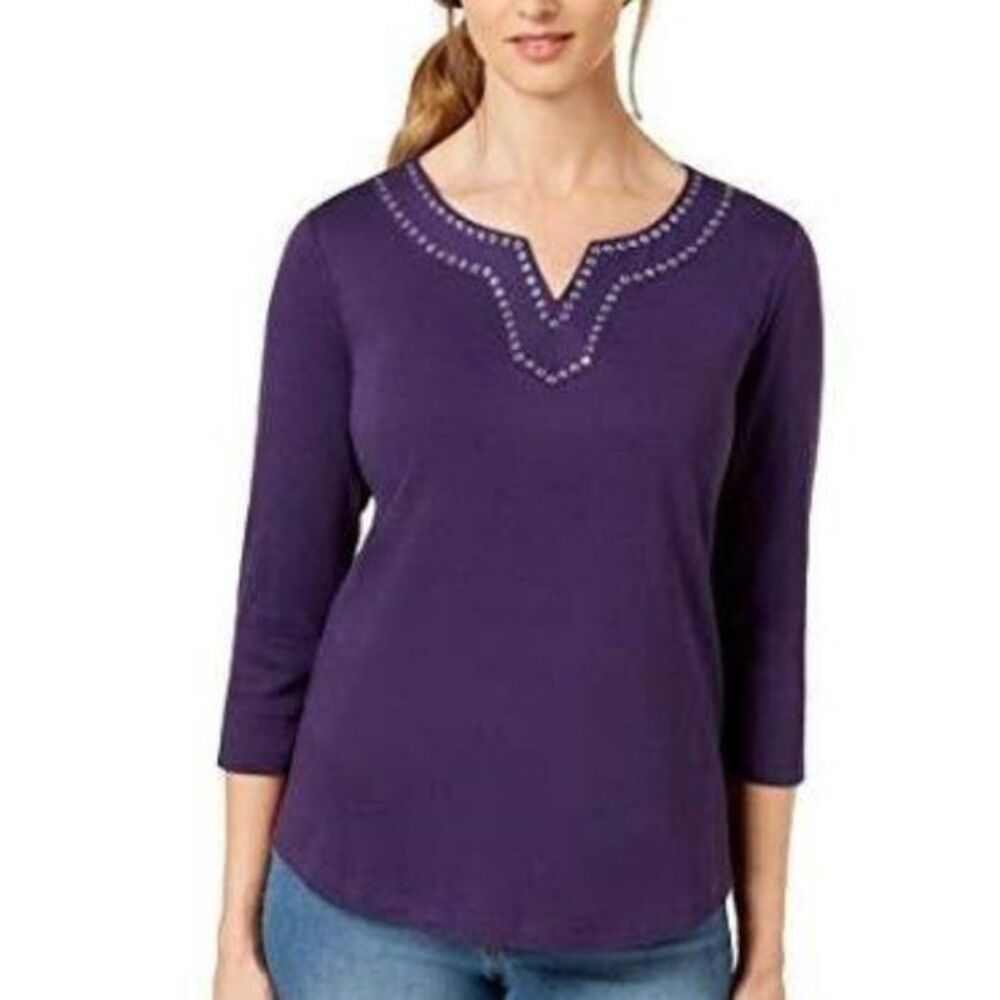 Karen Scott purple embellished 3/4 sleeve top. New with tags